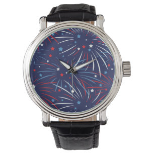 Rote weiße blaue Feuerwerks-Sterne Armbanduhr