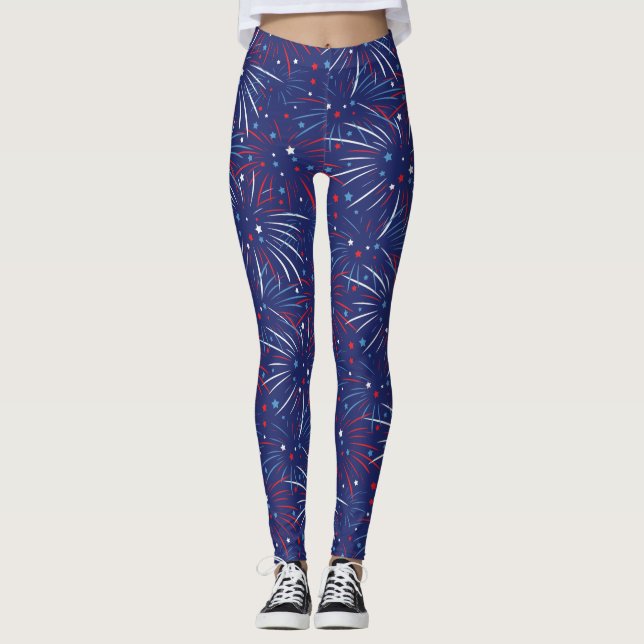 Rote weiße blaue Feuerwerks-Sterne Leggings (Vorderseite)