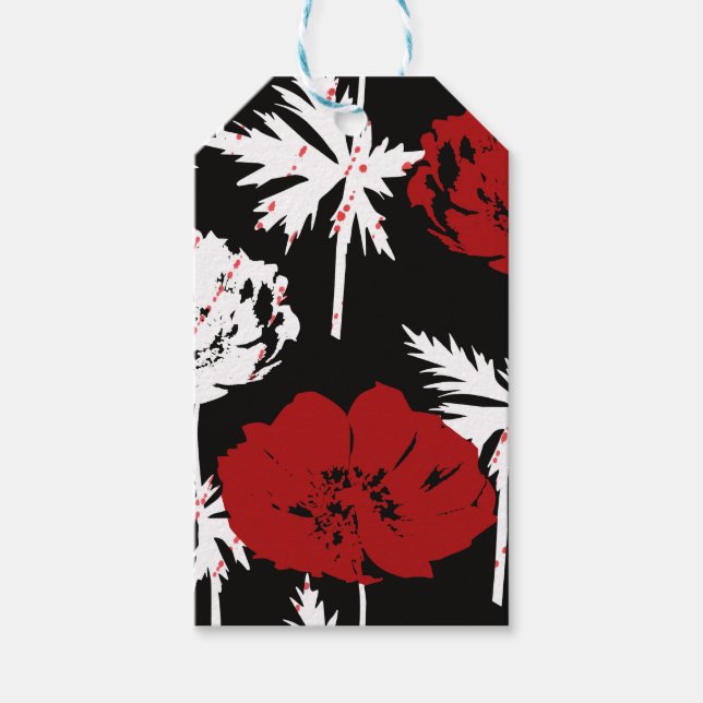 Rote, weiße Blume auf schwarz Geschenkanhänger (Vorderseite)