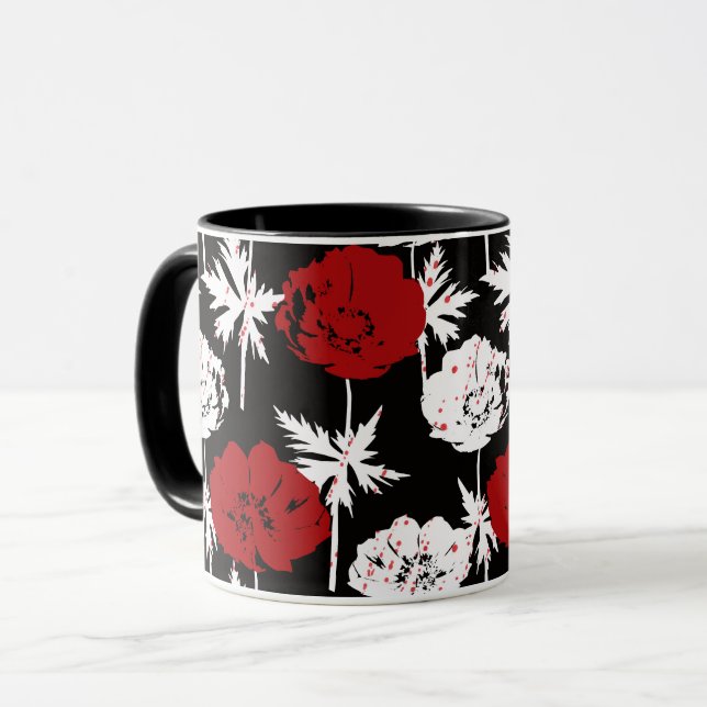 Rote, weiße Blume auf schwarz Tasse (Vorderseite Links)