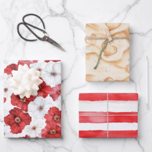 Rote weiße Blume Herz Brautparty Geschenkpapier Set