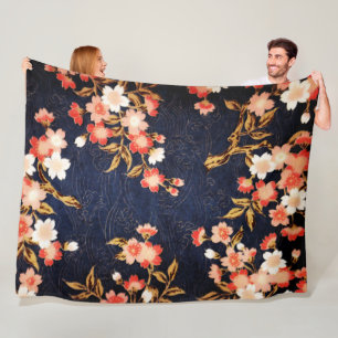 ROTE WEISSE BLUMEN, TIEFE BLUE FLORAL FLEECEDECKE