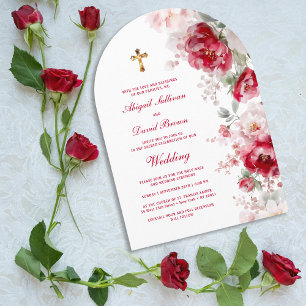 Rote Weiße Blumenbogen Religiöse Hochzeit Einladung