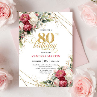 Rote weiße florale Gold-Akzentkarte 80. Geburtstag Einladung