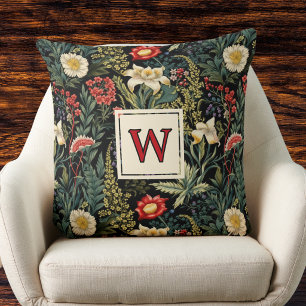 Rote Weiße Grüne Lilien Dahlien Florales Monogramm Kissen