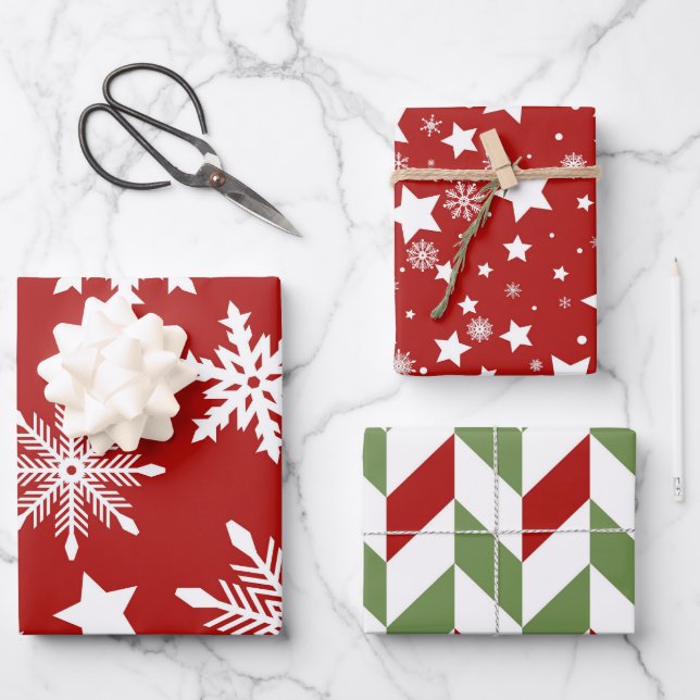 ROTE WEISSE GRÜNE SCHNEELAKEN STARS STRIPES GESCHENKPAPIER SET (Vorderseite)