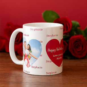 Rote weiße Herzen Foto Name Valentinstag Kaffeetasse