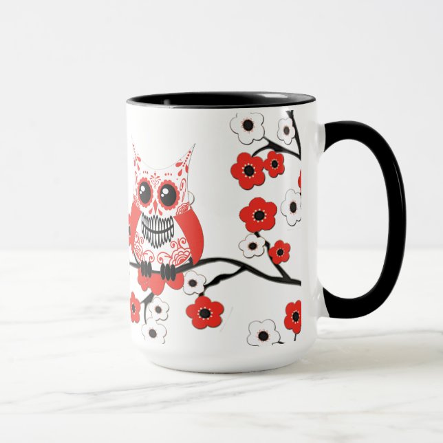 Rote weiße Kirschblüten-Eulen-Tasse Tasse (Rechts)