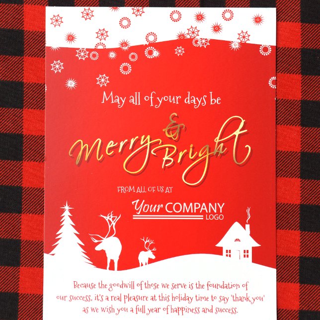 Rote, weiße Rentier Rustic Company Holiday Card Einladung (Red Logo, Red Gold Holiday Christmas Card for Red Company Colors)