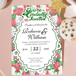 Rote & Weiße Rosen Hochzeits-Einladung - Grüne Buc Einladung