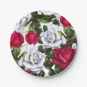 Rote & Weiße Rosen Shabby Chic Rustikal Moderner G Pappteller