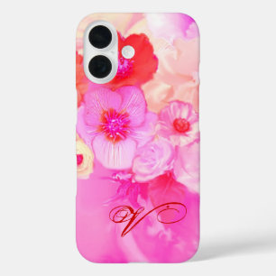 ROTE WEISSE ROSEN UND PINK ANEMONE BLUMEN MONOGRAM iPhone 16 HÜLLE