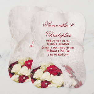 Rote weiße Rosenbouquet und Brautkleid-Hochzeit Einladung