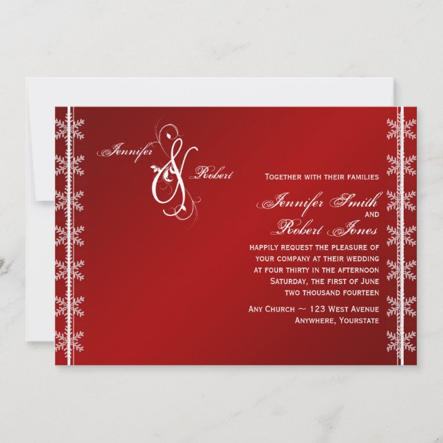Rote weiße Schneeflocke-Winter-Hochzeits-Einladung Einladung (Vorderseite)