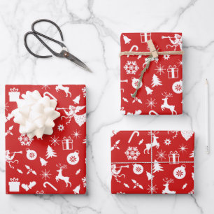 Rote Weiße Schneeflocken Rentiere Engel Weihnachte Geschenkpapier Set