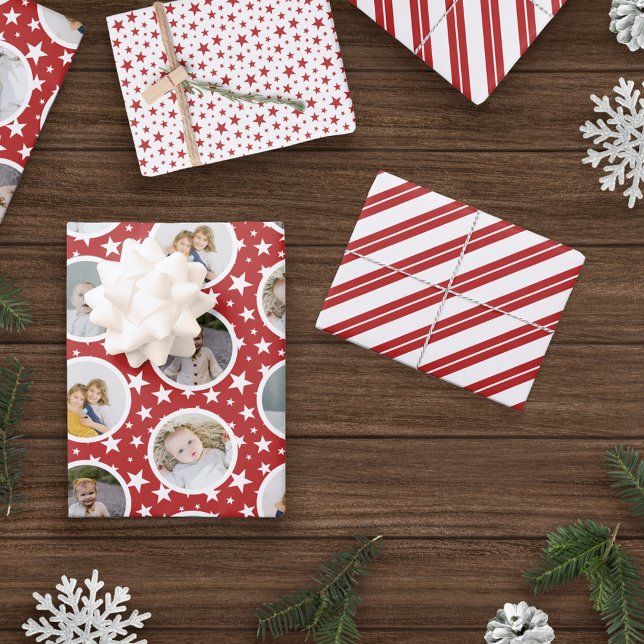 Rote weiße Sterne Streifen FotoCollage Weihnachten Geschenkpapier Set (Von Creator hochgeladen)