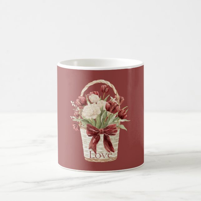 Rote weiße Tulpen Blumen Korb Kaffeetasse (Mittel)