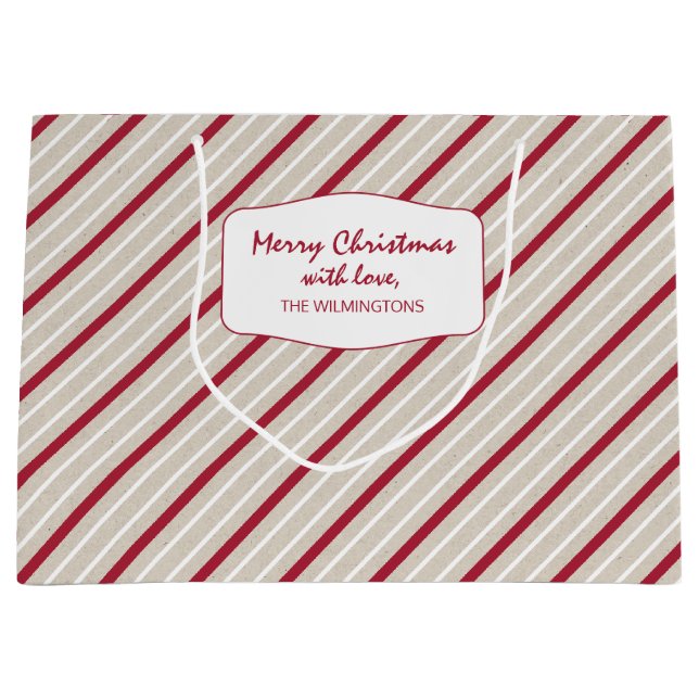 Rote, weiße und beige Streifen Große Geschenktüte (Vorderseite)