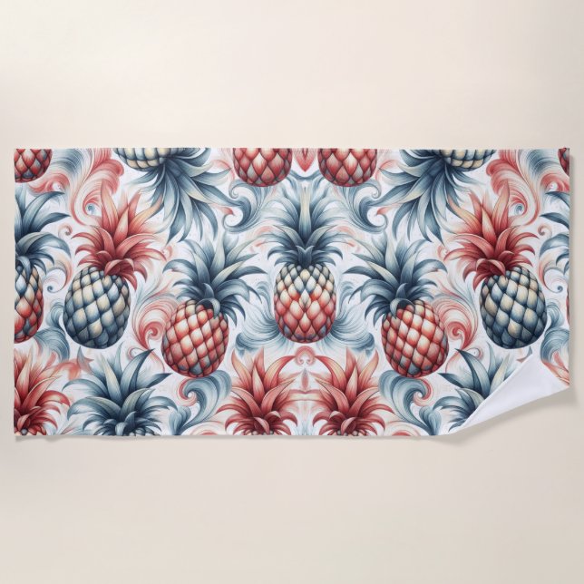 Rote, weiße und blaue Ananas Strandtuch (Vorderseite)