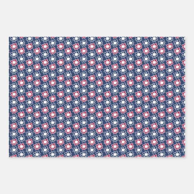 Rote, weiße und blaue Blumen Geschenkpapier Set (Vorderseite)