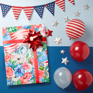 Rote Weiße Und Blaue Blumen Patriotisch 4. Juli Geschenkpapier