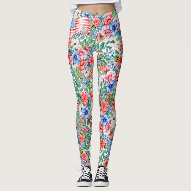Rote weiße und blaue Blumen Patriotisch 4. Juli Leggings (Vorderseite)