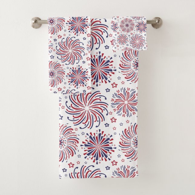 Rote weiße und blaue Feuerwerke und Sterne Badhandtuch Set (Insitu)