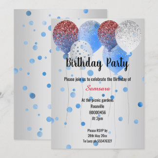 ROTE WEISSE UND BLAUE GEBURTSTAG BALLOON SILVER SP EINLADUNG