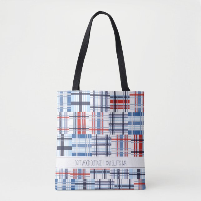 Rote, weiße und blaue Madras Tote-Tasche mit Text (Vorderseite)