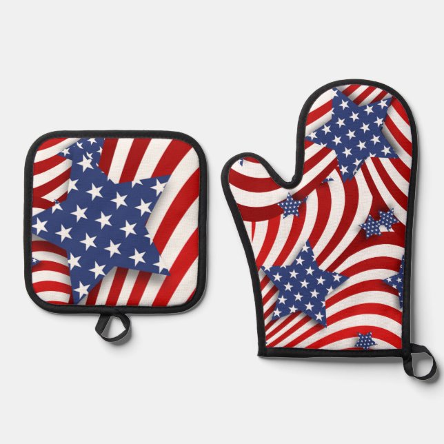 Rote, weiße und blaue Sterne und Streifen Ofenhandschuh & Topflappen-Set (Vorderseite)