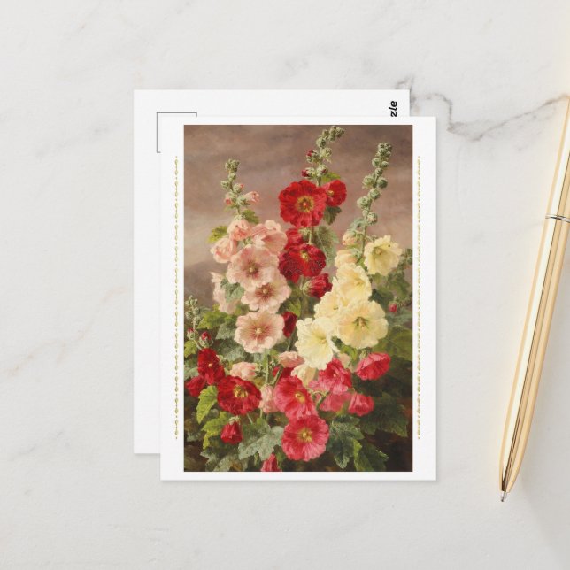 Rote, weiße und rosa Hollyhocks, Christensen Postkarte (Vorderseite/Rückseite Beispiel)