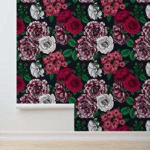Rote, weiße und zweifarbige Rosen mit grünen Blätt Tapete