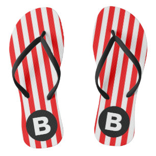 Rote weiße vertikale Streifen schwarzes Monogramm Flip Flops