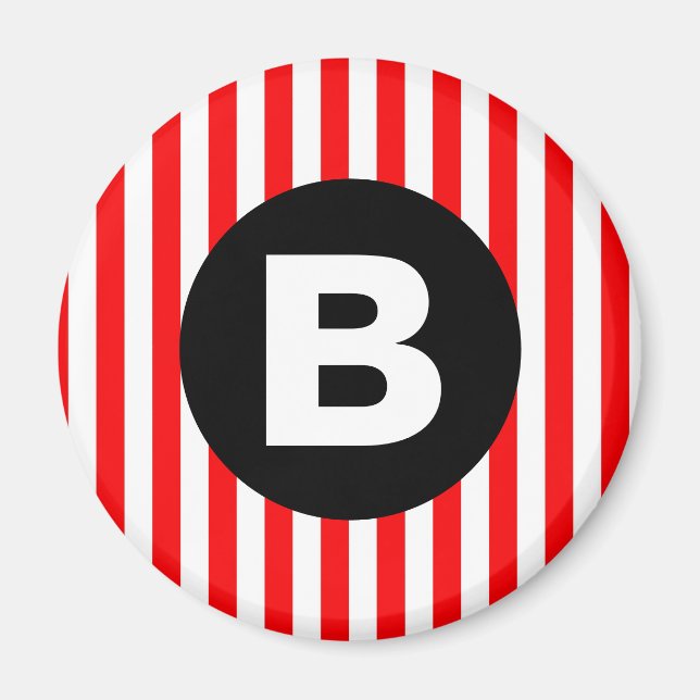 Rote weiße vertikale Streifen schwarzes Monogramm Magnet (Vorne)