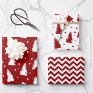 Rote weiße Weihnachtsbäume Chevron Feiertag Geschenkpapier Set
