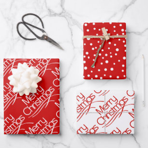 Rote, weiße Weihnachtstypografie und Weihnachtsfer Geschenkpapier Set