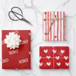 Rote weiße XOXO-Herz-Streifen Geschenkpapier Set<br><div class="desc">Red White XOXO Herz Stripes Brautparty Hochzeit Geburtstag</div>