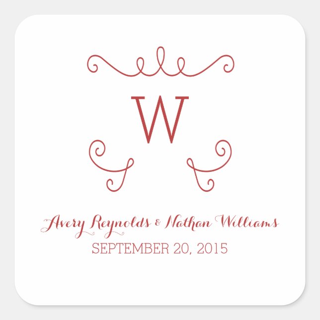 Rote Whimsical-Geblüht Monogramm-Hochzeitskleber Quadratischer Aufkleber (Vorderseite)