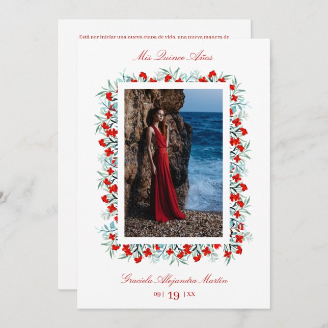 Rote Wildblumen Garland Quinceañera Ausgezeichnet  Einladung (Vorne/Hinten)