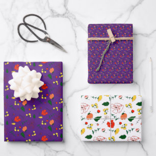 Rote Wildblumen lila Musterpapier Geschenkpapier Set