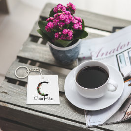 Rote Wildblumen Wasserfarben-Monogramm Schlüsselanhänger