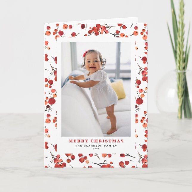 Rote Winterberries Foto Frohe Weihnachten (Vorderseite)