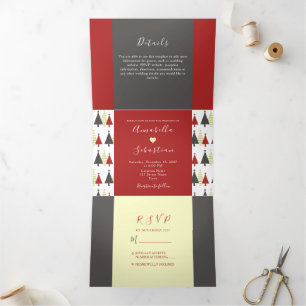 Rote Winterhochzeit Tri-Fold-Einladung Dreifach Gefaltete Einladung