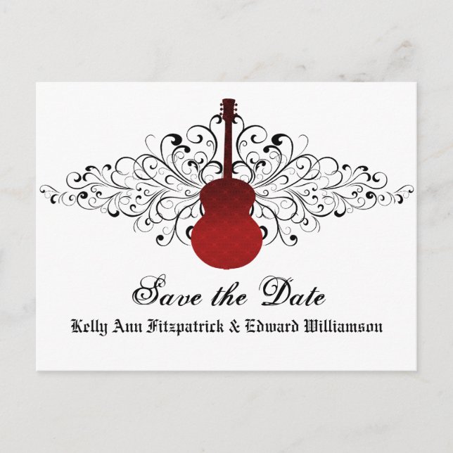 Rote Wirbel Gitarre Save the Date Postkarte (Vorderseite)