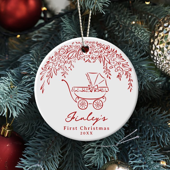 Rote wunderliche Kinderwagen-Babys erstes Weihnach Keramik Ornament (Red Whimsical Stroller Baby's First Christmas Ceramic Ornament)