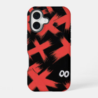 "Rote Xs auf Schwarz mit verborgenen Augen" iPhone 16 Hülle