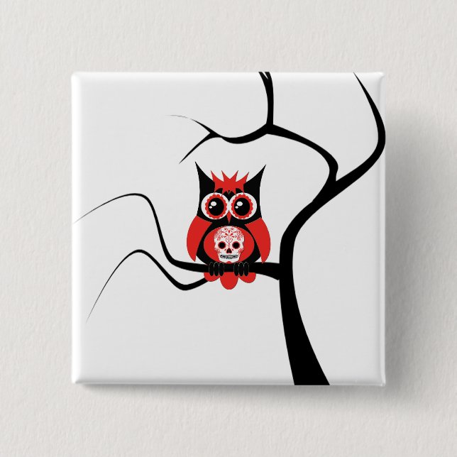 Rote Zuckerschädel-Eule im Baum-Knopf Button (Vorderseite)