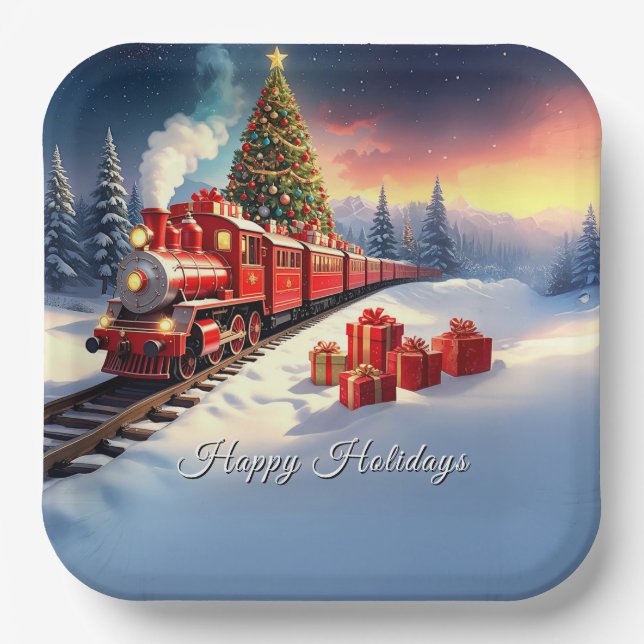 Rote Zug-Weihnachtsbaum-Feiertags-Papierplatte Pappteller (Vorderseite)