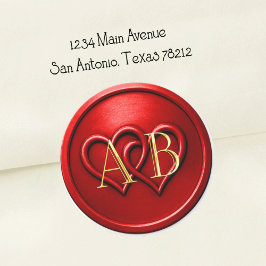 Rote Zwei-Herzen-Verschlungene-Monogramm-Hochzeit Runder Aufkleber