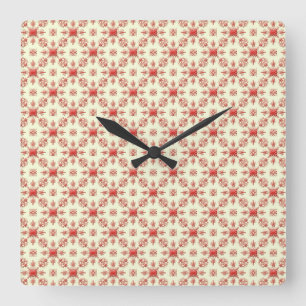 Roter abstrakter Damast auf Creme-Quadrat-Uhr Quadratische Wanduhr